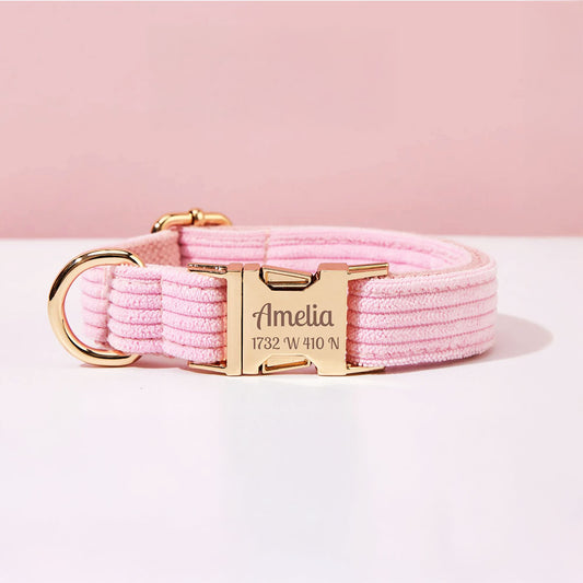 Collier chien personnalisé velours côtelé rose